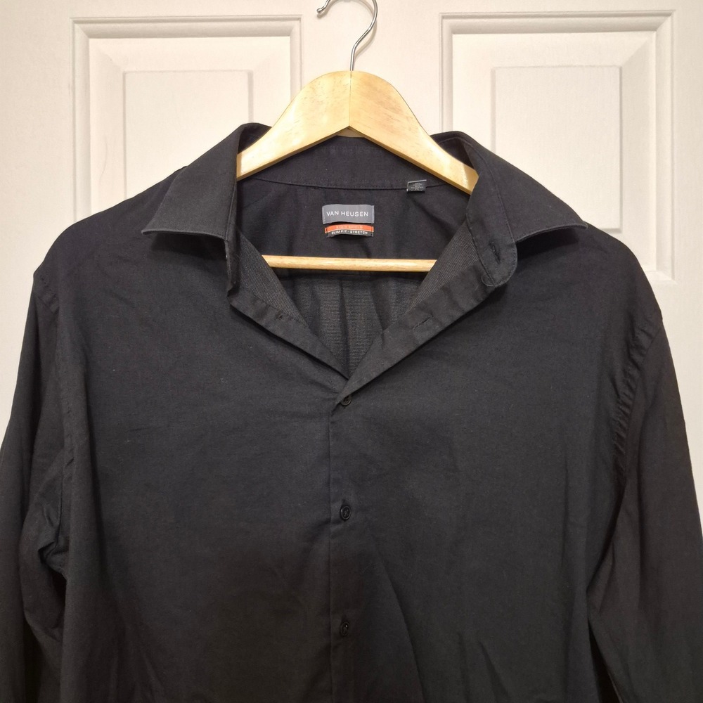 Van Heusen Mens XL Black Stain Shield Slim Fit Stretch Long Sleeve Dress Shirt - Picture 2 of 5